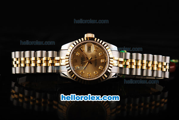 Rolex Datejust Oyster Perpetual Swiss ETA 2671 Automatic Movement Two Tone with Gold Dial and Diamond Markers - Lady Size - Click Image to Close